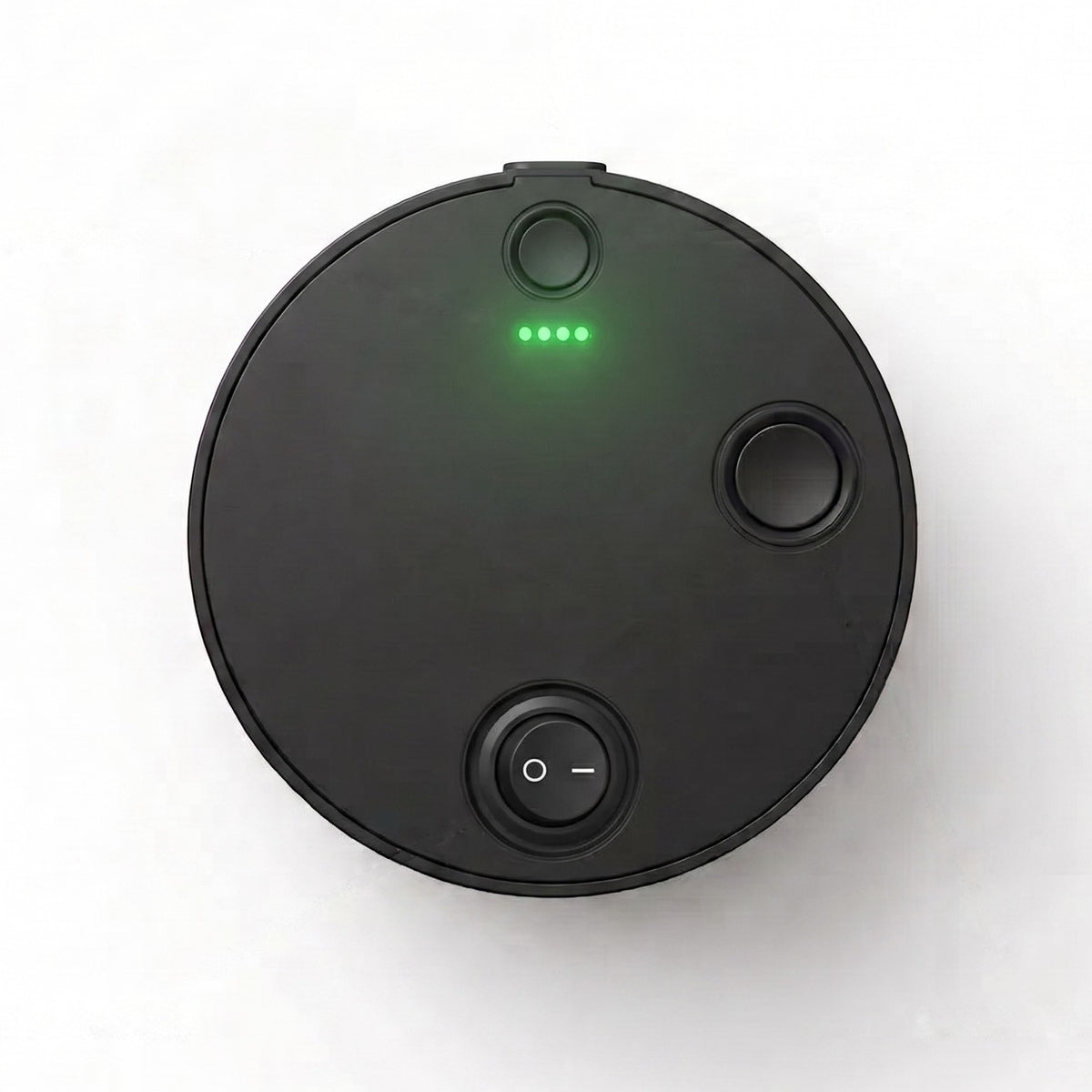 Top of the Pressurebox Pro lid with the power switch, the battery and mode button with four green LEDs, and the deflate button