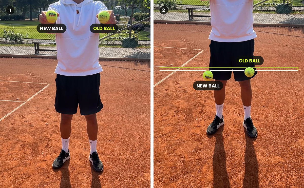Prueba de bote en una pista de tierra batida: una pelota de tenis nueva y una usada, con cinco sesiones de juego y un mes guardada en un Pressurebox, se dejan caer una junto a la otra. La usada bota más alto.